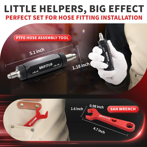 Pro Grade 4 In 1 PTFE Hose Tool For Fuel Lines Reaming And Separating Straightens Ends And Guides Ferrule On Braided Fuel Hose 4AN 6AN 8AN 10AN With 6AN Fitting Wrench For Leak Free Install shown with dimensions