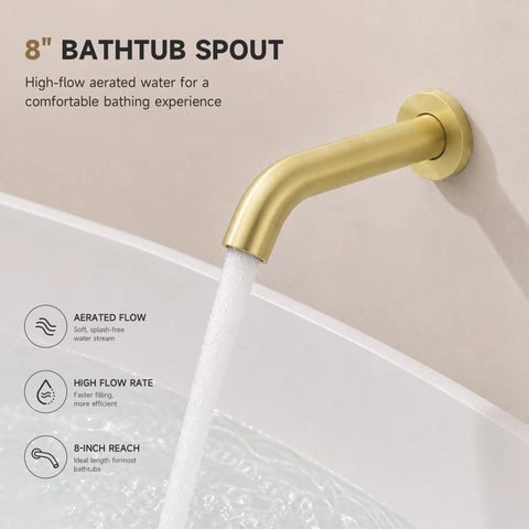 Totally Fire Premium All Metal Shower Faucet Set With Warm Gold Tone Eight Inch Rain Showerhead Curved Tub Spout Rust Proof Bathroom Hardware Upgrade 8 inch gold bathtub spout with aerated water flow.
