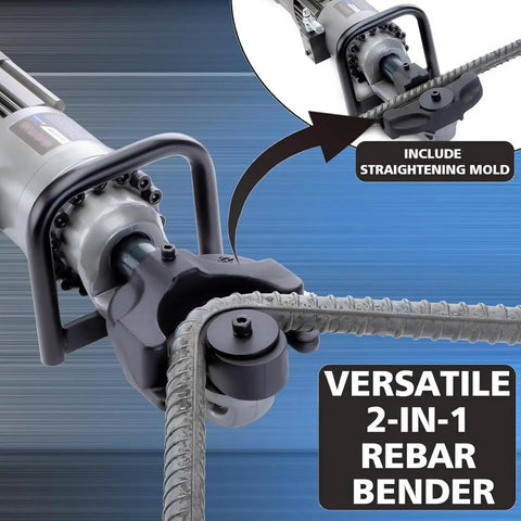 Heavy Duty Hydraulic Rebar Bender With Powerful 2000w Motor For Easy Bending And Straightening Up To 1.25 Inch Steel Rods In Just Seconds showing bending head and rebar.