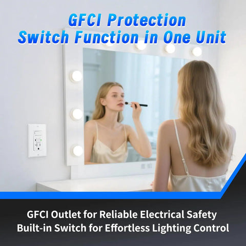 Convenient Dual Function 20 Amp Gfci Outlet With Light Switch Combo Self Test Tamper Resistant Gfi Receptacle White in vanity setting.