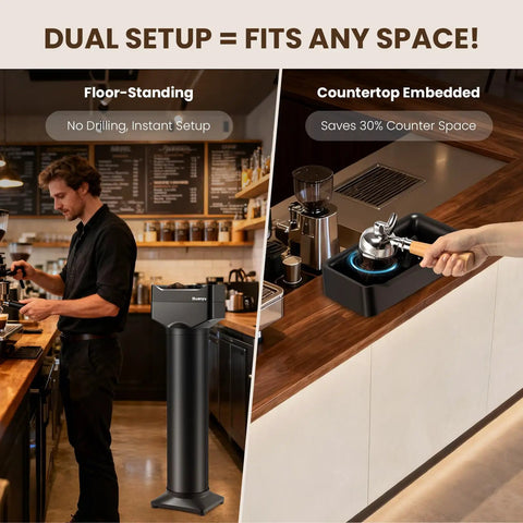 Automatic Electric Portafilter Cleaner Knocks Out Stubborn Coffee Oils In Seconds with floor-standing and countertop setups.