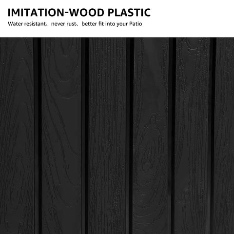 Close-up of black imitation-wood plastic material for 52 Gallon Outdoor Storage Box Deck Box Weatherproof Bench Black That Doubles as Extra Seating Waterproof Patio Chest Heavy Duty 440 Lb Capacity For Patio Use.