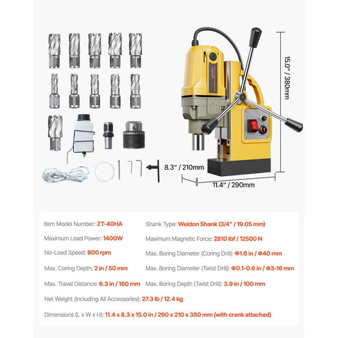 Kickass Magnetic Drill Press With 1400W Copper Motor, Runs Smooth At 800Rpm, Features Rock Solid Electromagnetic Grip, Boasts 1.6 Inch Boring Capacity, Comes Packed With Eleven Hss Core Bits For Slick Steel Work, displaying drill press with 11 accessories and specifications.