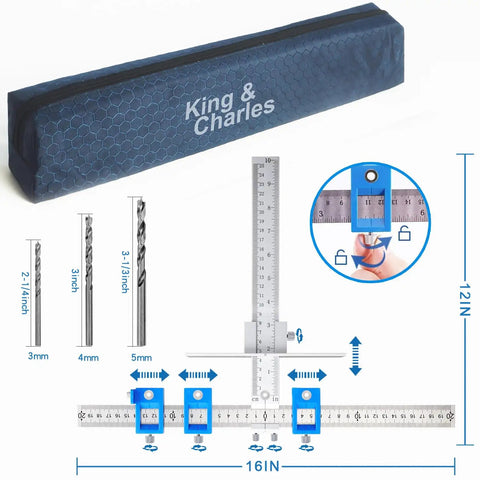 Heavy Duty Cabinet Hardware Jig Kit Featuring Rock Solid Steel Build And Triple Size Center Punch Bits For Flawless Drawer Pull Mounting Zero Guesswork Guaranteed, showing drill bits and measurement guide.