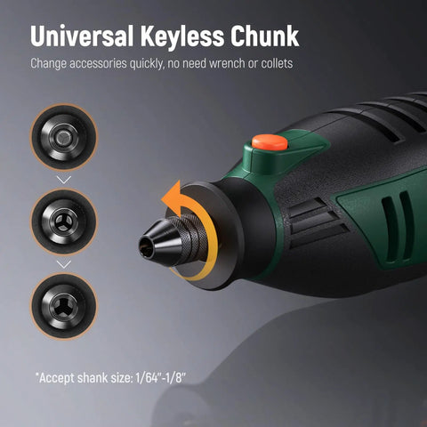 Close-up of Pro Grade Rotary Tool Kit showing universal keyless chuck, green and black design with orange button.