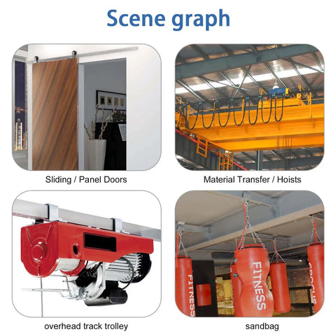 Multiple applications of Heavy Duty Strut Channel Hanger Bracket Kit Rated To 1200 Pounds, including sliding doors and hoisting equipment.
