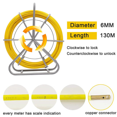 Fiberglass Fish Tape 6Mm 425ft Duct Rodder Cable Puller with Steel Wheel Stand detail on length, diameter, and connectors