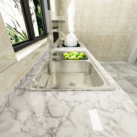 Grey White Marble Peel And Stick Countertop Wallpaper Waterproof Self Adhesive Contact Paper on kitchen counter with sink