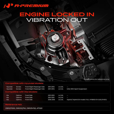 Front Engine Motor Mount For Hyundai Sonata And Kia Optima 2011 To 2016 2.0L 2.4L visible in engine bay with mounting points.