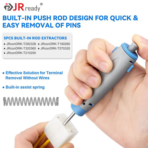 Hand using 20 Piece Pin Removal Tool Kit For Electrical Connectors with circular tube extractor and locking tangs.