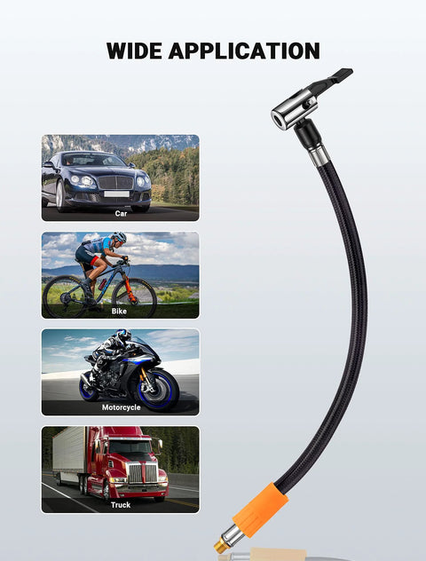 LUMITECO tire inflator hose adapter with 360-degree swivel air chuck and 11-inch lock-on hose for cars, bikes, trucks
