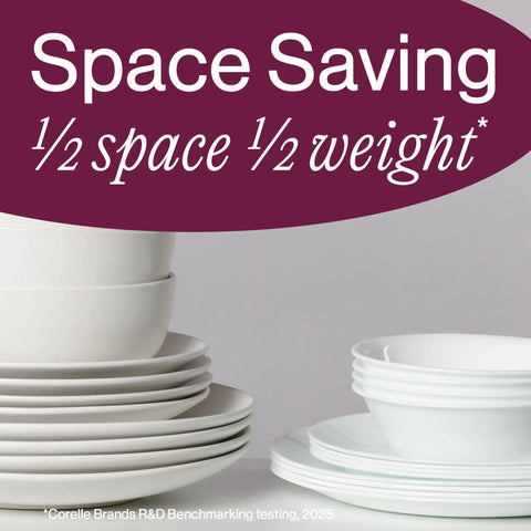 Straight Up Chip Resistant Round Soup Bowls Set Of Six Lightweight Glass Dinnerware In Crisp Winter White Finish, showcasing space-saving design.