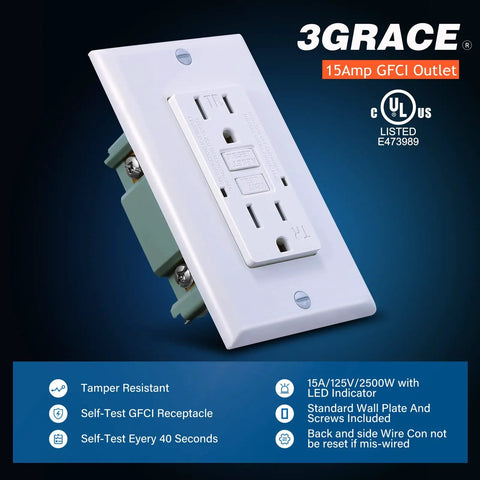 GFCI Outlet With Tamper Resistant GFI Receptacle LED Indicator Self Test Ground Fault Interrupter with UL Listed wall plate.