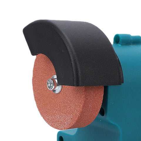 Close-up of Banapoy 200W Cordless Mini Bench Grinder's grinding wheel, featuring a durable abrasive surface for efficient polishing.