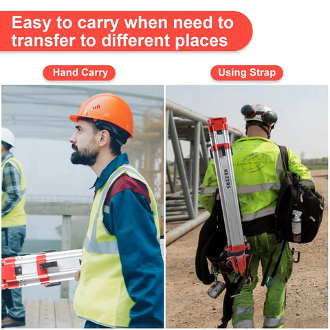 Two workers carrying Heavy Duty 32X Automatic Optical Level Kit; one using hand carry, the other with a strap, on site.