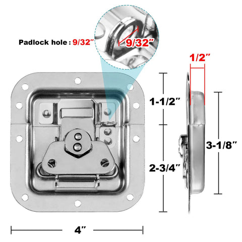 Image of Eight Pack Recessed Butterfly Twist Latches For Flight And Road Gear Cases, showing dimensions and padlock hole size.