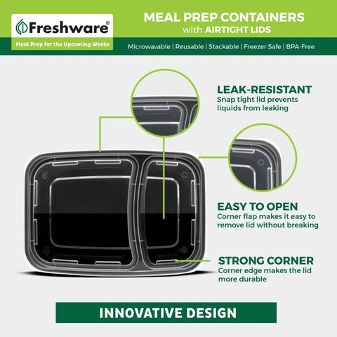 Top Tier Meal Prep Setup, Two Compartment Bento Boxes With Secure Lids, BPA Free, leak-resistant, easy to open design.