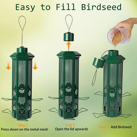 Weight Activated Squirrel Proof Bird Feeder With Removable Base For Outdoor Hanging No Hassle Setup, 6 Ports Perches, 3Lb Seed Capacity, Heavy Duty Metal Construction In Green showing filling process with lid removal
