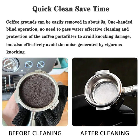 Kick Your Espresso Game Up With This Electric Portafilter Cleaner That Ejects Used Grounds, Includes Built In Knock Box, Dual Scrapers, And Extra Brush Head For Quick, Hassle Free Cafe Cleanup showing before and after cleaning portafilter.
