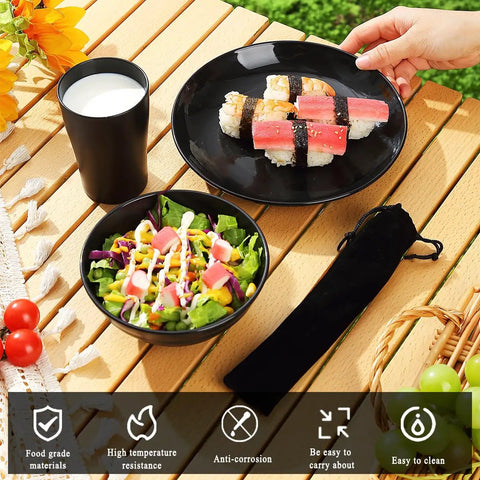 Camping Utensils Set For One Person, Portable Travel Silverware with black mug, plate, and bowl on outdoor table