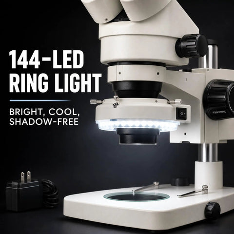 Trinocular Stereo Zoom Microscope 3.5X To 90X With Dual Arm Boom, 45 Degree Inclined Head Rotates 360, 144-LED ring light
