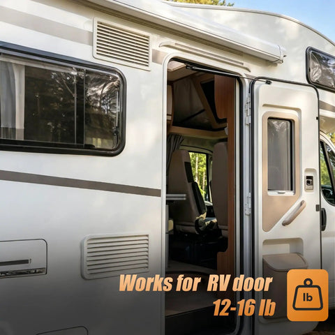 Rock Solid 20 Inch Gas Struts And Door Shocks For RV Entry Doors and Camper Lifts and Tough 15 Pound Force 2 Pack in use on RV door.