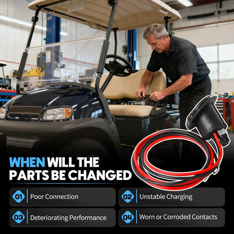 Mechanic replacing Charger Cord Receptacle For Classic Golf Carts 2008 Up Replace 2RC060 with focus on corrosion resistance.