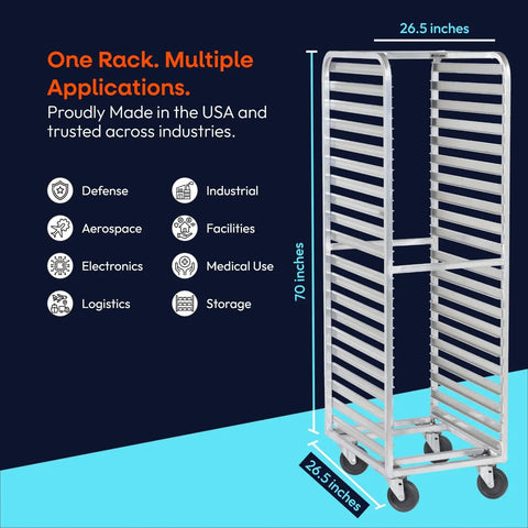 Hardcore Aluminum Bakery Rack That Cradles Twenty Sheet Pans With Roomy Three Inch Spacing And Bulletproof Double Welded Frame Plus Grease Proof Swivel Casters For High Volume Commercial Kitchens, 70 inch height