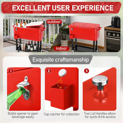 80 Quart Rolling Cooler Cart With Locking Wheels, Party Ready Beverage Bar Cart, red ice chest with bottle opener and storage