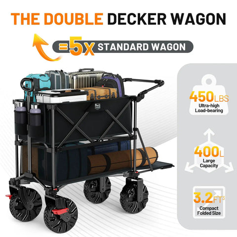 Push And Pull Double Decker Wagon With 400 Liter Capacity And 450 Pound Load showcasing gear and suitcases on jobsite