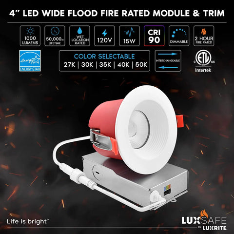 4 Inch LED Wide Flood Fire Rated Module & Trim with junction box, color selectable 15W 1000 Lumen, and dimmable feature.