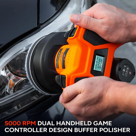 Cordless Car Polisher Kit With 12V 2000mAh Battery Dual Handle Buffer For Car Detailing and Paint Polishing LED display in use
