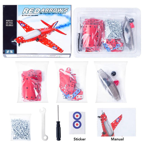 Hands On Airplane Model Kit For Kids And Teens 201 Piece Build Your Own Aircraft Toy STEM Educational Project For Ages 8 12 Clear Manual Kit showing red parts and tools