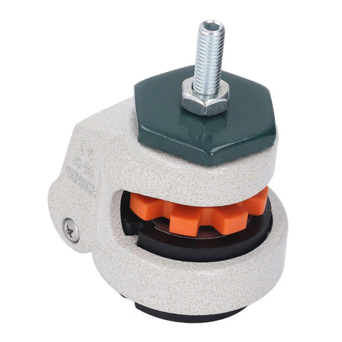 Heavy Duty Stem Caster With Swivel And Adjustable Leveling Plate, Tough As Nails 880 Pound Load Capacity For Furniture And Workshop Equipment, Legit Smooth Nylon Rollers That Glide Like Butter showing swivel design and rubber shock bands.