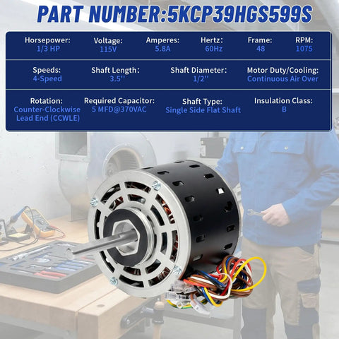 Furnace Blower Motor Heavy Duty One Third HP 115V 1075 RPM Four Speed Replacement for GE Trane American Standard in workshop