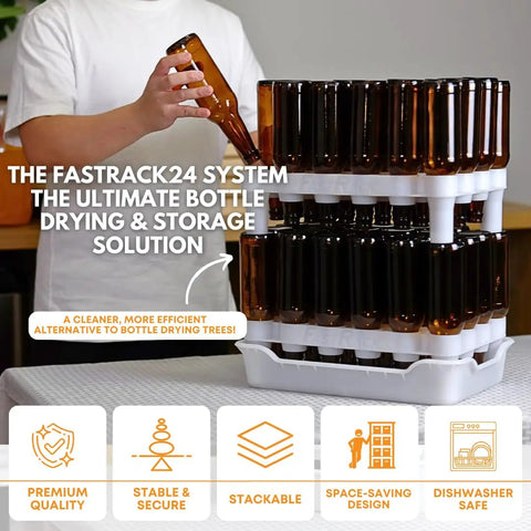 Top Shelf Bottle Drying Rack And Tray Bundle For Homebrewers holds sixty vessels, stackable drying racks with amber bottles.