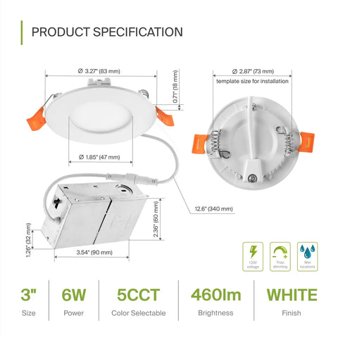 Diagram of 3 Inch LED Recessed Light Kit Ultra Thin Dimmable Ceiling Lights With J Box, showing dimensions and specifications.