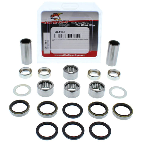 Heavy Duty Swing Arm Bearing Rebuild Kit Featuring Badass Hardened Needle Bearings And Corrosion Block Bushings Designed To Keep Your KTM ATV 125 200 250 Riding Smooth As Silk 2003 To 2016, components laid out.