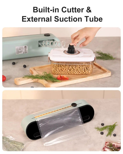 Automatic Vacuum Sealer Machine With One Touch Operation Keeps Your Grub Fresh For Weeks shown with built-in cutter and external suction tube.