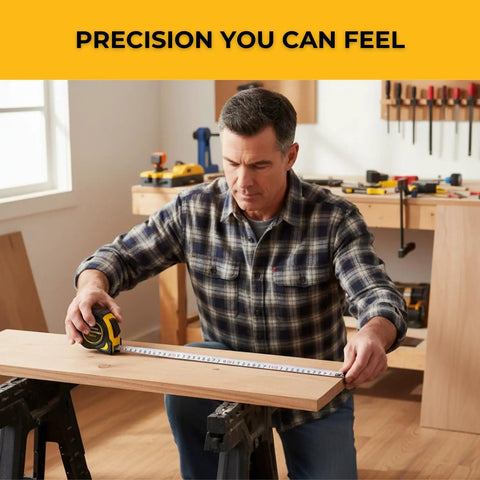 Carpenter Measuring Tape Pro Grade With Metric And Standard Units Lever Belt Clip And Dual Locking System used by man in workshop