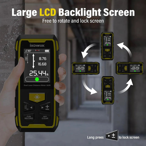 Dual Laser Measuring Tool With Green Bilateral Laser, 393ft Range, Rechargeable Digital Laser Measure, Backlit LCD Display, Angle Sensor, Six Unit Modes, Multiple Measurement Functions For Fast, Accurate Distances, rotating screen view