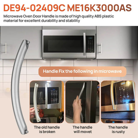 Microwave door handle replacement shown with DE94-02409C display, ideal for fixing broken or rusty handles on microwaves.