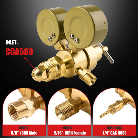 Dual gauge welding gas regulator with CGA580 inlet and outlet options for home or shop use.