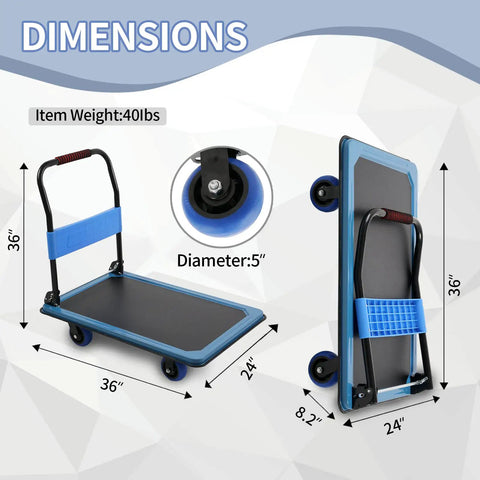 Tough As Nails Folding Platform Truck Cart Built With Thick Steel Plate And Smooth Rolling Wheels For Busting Through Heavy Warehouse 36X24 Inch 1100 Lbs Hauls dimensions display with 5 inch wheels and 36 inch height.
