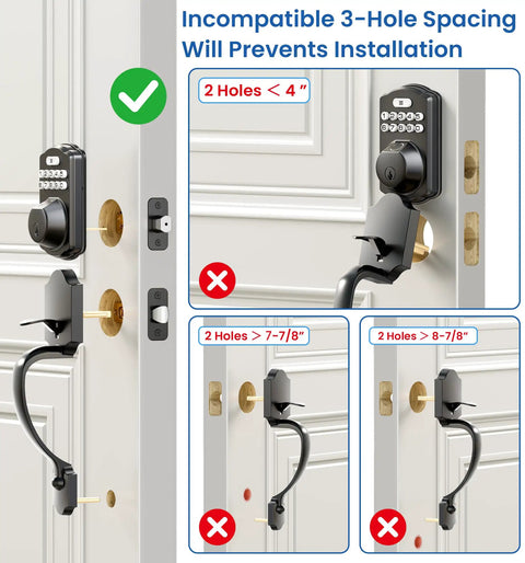 Fingerprint Deadbolt Lock With Handle Set In Black Delivering Keyless Entry Smart Security installation compatibility chart on a door.