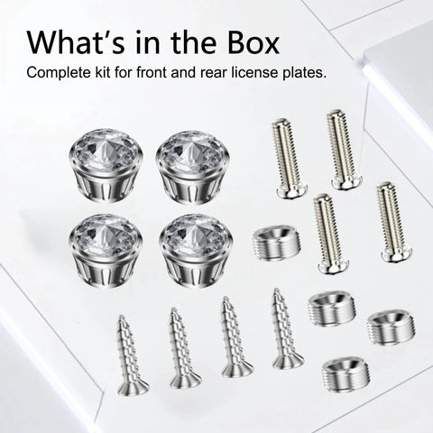 Spiff Up Your Whip With Dazzling Rhinestone License Plate Screws And Dope Bling Bolt Covers, Rustproof Anti Theft Screw Caps For Cars Trucks And Suv Rides In Bright White, kit including four rhinestone caps and screws.