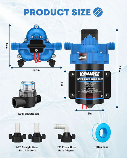 12V DC RV Water Pump 3.5 GPM At 45 PSI Self Priming Diaphragm dimensions and accessories, including adapters and strainer.