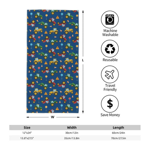 Ultra Soft Microfiber Bath Towel For Adults with blue pattern, size chart showing 12"x24" and 13.8"x27.5" dimensions