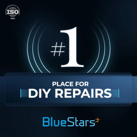 BlueStars logo with '#1 Place for DIY Repairs' text and ISO 9001 certification badge