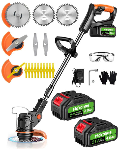 Cordless 21V Weed Eater With Dual 4Ah Batteries And Charger, Lightweight Brush Cutter, 3 Blade Types, Gloves, Glasses, Tools